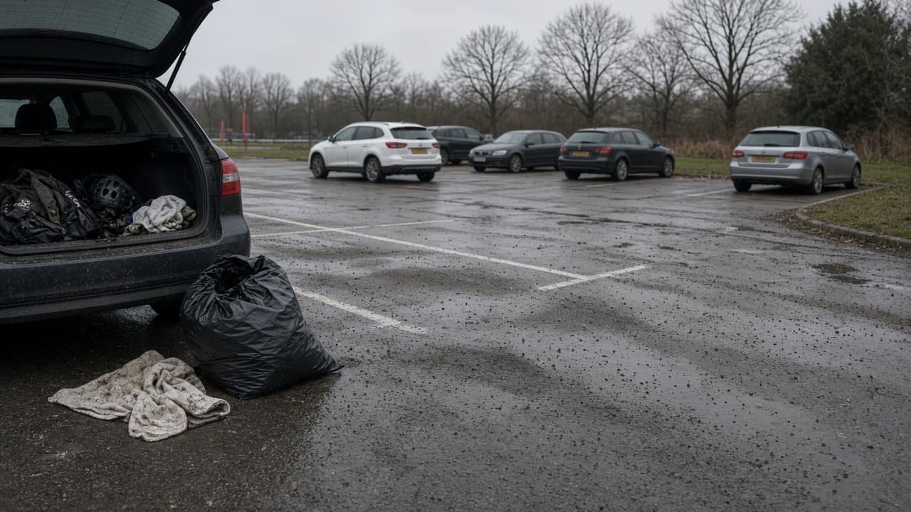 Muddy cyclocross car park after a UK junior race
