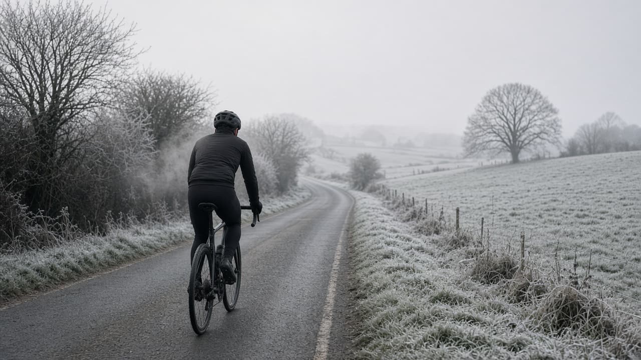 Cold weather kids cycling on a winter UK lane