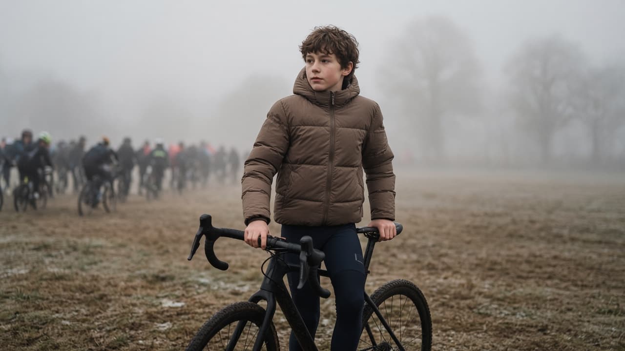 Junior rider staying warm before a cyclocross start