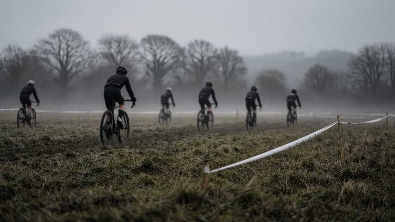 Junior cyclocross race morning on a cold UK field